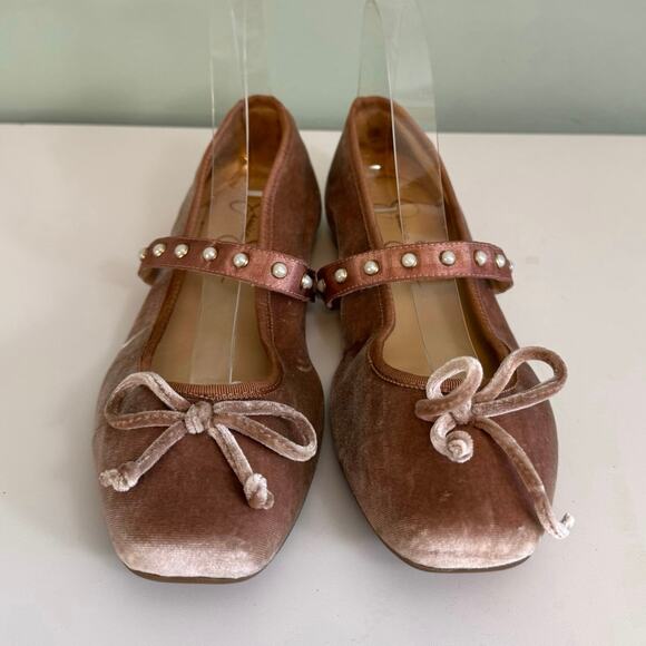 Jessica Simpson Lomanna Velvet Ballet Flat Shoes 9 Pink Bow Slip On Square Toe - Picture 2 of 15